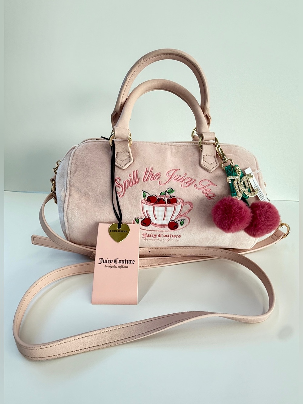 NWT Juicy Couture Sweet Tea Party Satchel Barrel Bag Pink Clay Velour Crossbody